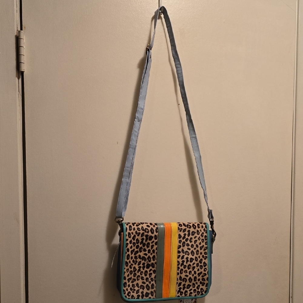 Landry Leopard Print Crossbody Bag with Blue Strap